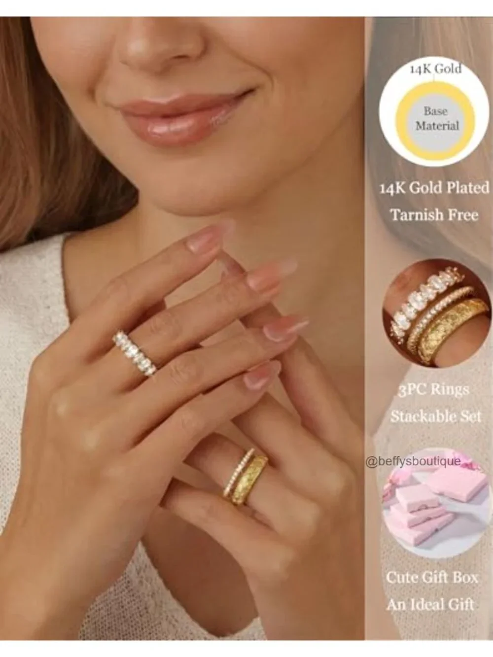 14K Gold Plated Stackable Ring Set for Women Non Tarnish CZ Chucky Dainty Bands